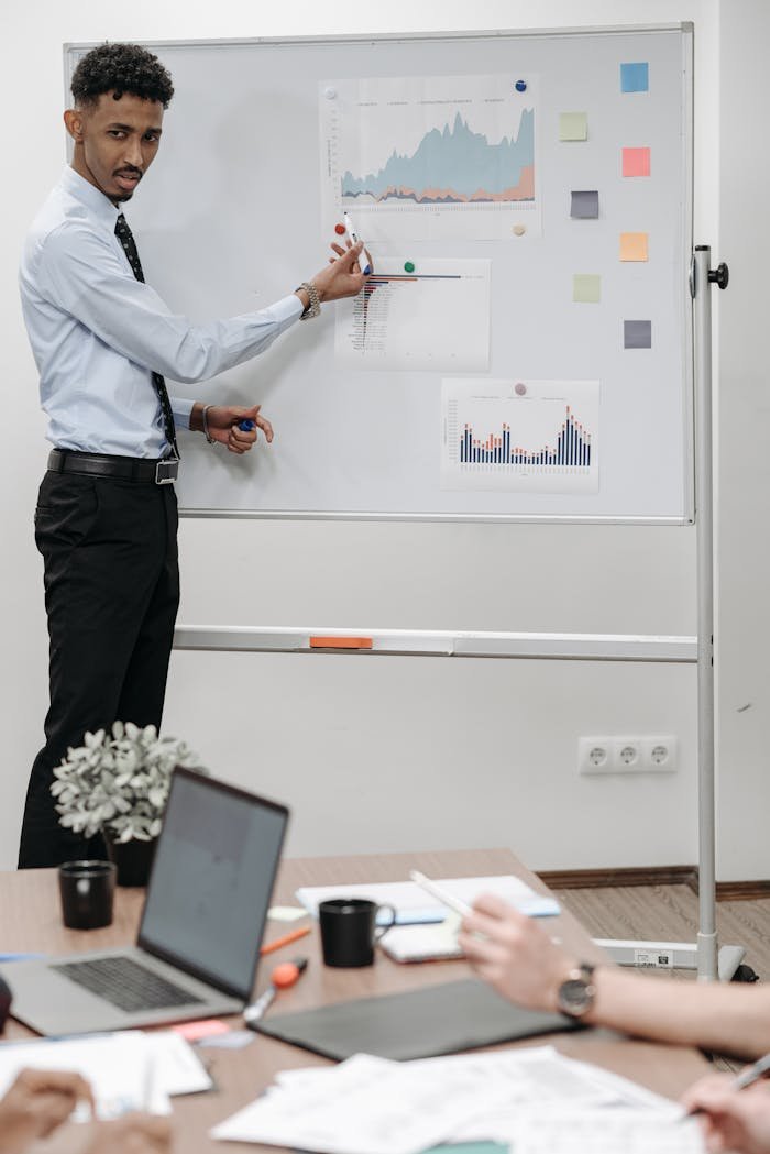 Professional presenting graphs during an office meeting with team.